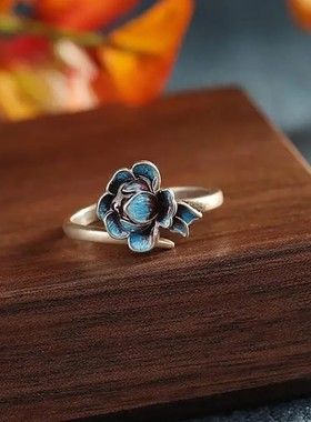 设计师款烧蓝景泰蓝镀s925银戒指