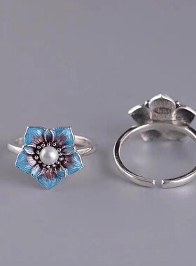 烧蓝南红戒指女复古中式花开富贵气质百搭开口指环景泰蓝戒指饰品