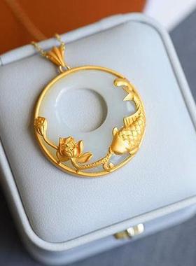 平安扣吊坠鱼莲花鎏金工艺复古银