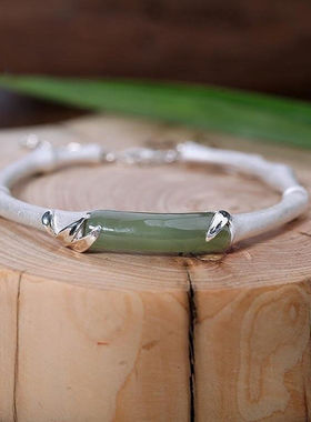 开口实心手镯女925镀银镶天然玉