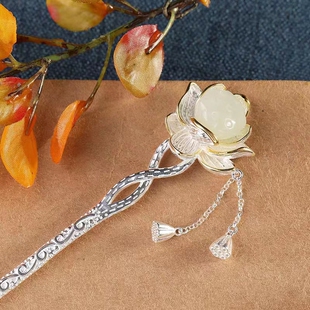 镀白金色古风和田玉荷花发簪及笄礼钗子步摇流苏汉服盘发栈子百搭