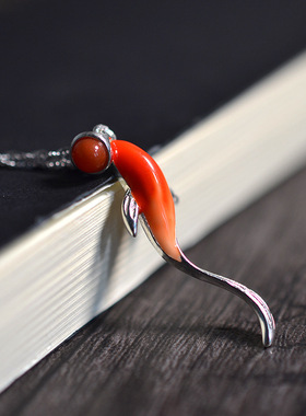 江南古典文艺清新吉祥景泰蓝红锦鲤造型女款气质百搭吊坠项链镀银