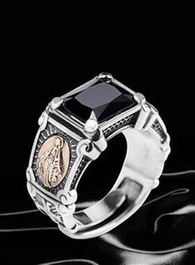 民族风银镶嵌黑玛瑙欧美复古男士款时尚个性嘻哈风开口可调节戒指