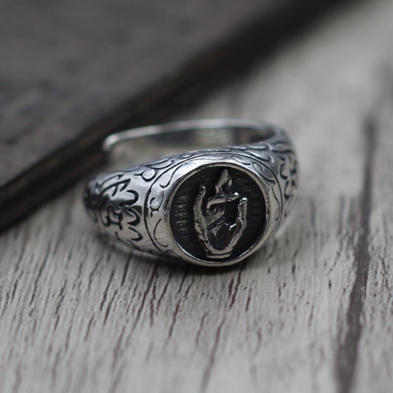 做旧时尚复古流行指环佛手拈花指开口超帅男女款百搭大气礼物戒指