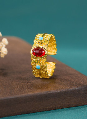 女款开口可调节古法镶嵌戒指国潮