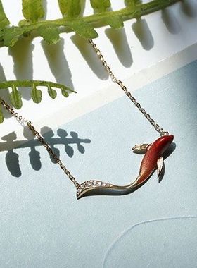 好运锦鲤纯银耳线吊坠高温珐琅玫瑰金气质甜美锁骨项链女中国风