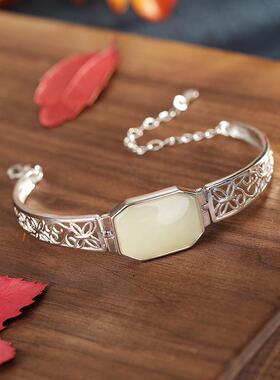 合金镀银活口手镯镶嵌白玉复古气质手链女民族风手环中式手饰品礼