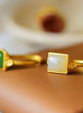 银镶嵌方形戒指色工艺复古风简约