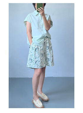 新品 高货 浅绿色丝麻印花五分裤女 桑蚕丝亚麻内衬阔腿休闲 去标