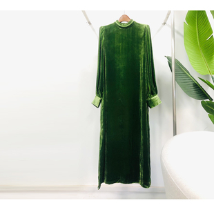 特价  绿色真丝丝绒连衣裙 长款 H版型简约大气 微瑕有图介者慎拍