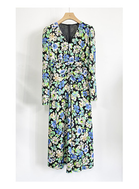 新品 绿色绵羊毛针织连衣裙 V领 A摆 抽褶设计 优雅 法式 L*B元单