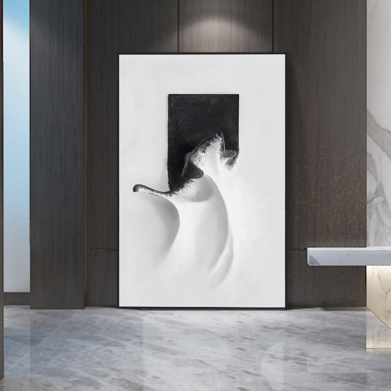 踏浪黑白抽象画客厅墙画玄关走廊落地画入户酒柜巨幅挂画手绘油画