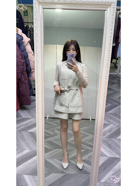 可路莎正品251136 法式轻奢风小香风马甲套装女收腰系带气质