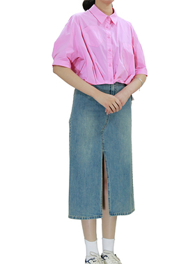 可路莎242318牛仔裙夏季新品复古显瘦牛仔裙前开叉半身裙女中长裙