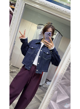 可路莎正品251115A 牛仔翻领短款牛仔外套女春秋百搭单排扣上衣