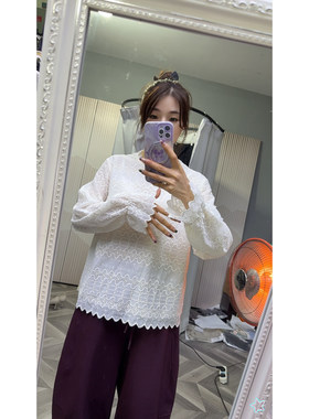 可路莎正品251030 绣花蕾丝衫女长袖圆领钩花百搭宽松显瘦上衣