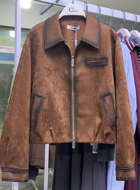 可路莎正品251112鹿皮擦色夹克 女短款拉链外套做旧灰色夹克