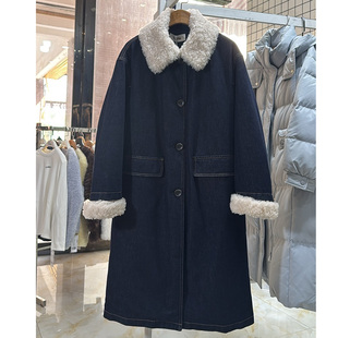 可路莎254419复古羊羔毛领派克服女中长款加厚保暖牛仔背包棉服