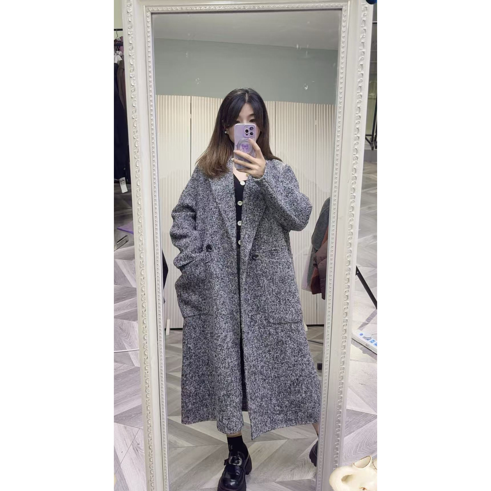 可路莎248846 西服领长款双面呢 冬季新品绵羊毛长大衣 休闲偏大