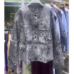 女装 可路莎251008印花香风皮衣 女春秋圆领纽扣休闲外套时尚