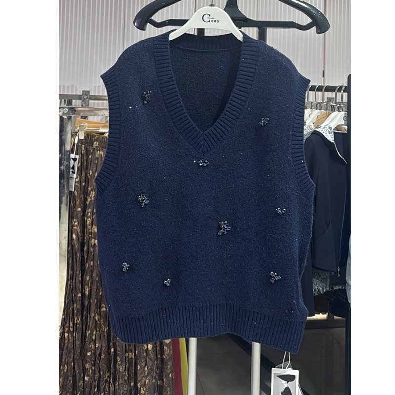 可路莎V领手工钉珠亮片针织马甲