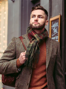 围巾男士冬季保暖纯羊毛2024款英伦格纹百搭格子围脖生日礼物礼盒