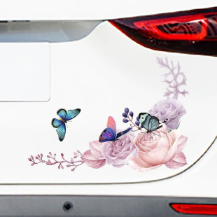 粉紫花卉蝴蝶艺术电动车贴纸划痕遮挡车身贴创意卡通汽车装 饰贴画