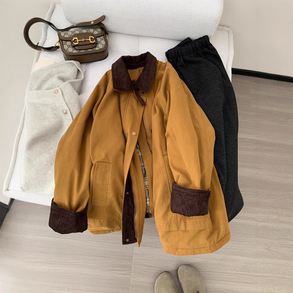 【Miss陸】风灯芯绒拼接翻领外套女帅气时髦中长款夹棉上衣棉服冬