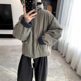 韩版复古洋气撞色棉衣2025冬季宽松连帽蝙蝠袖排扣棉服外套小个子