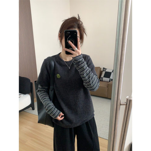 【Miss陸】手工小怪兽长袖打底T恤女百搭圆领套头显瘦假两件上衣