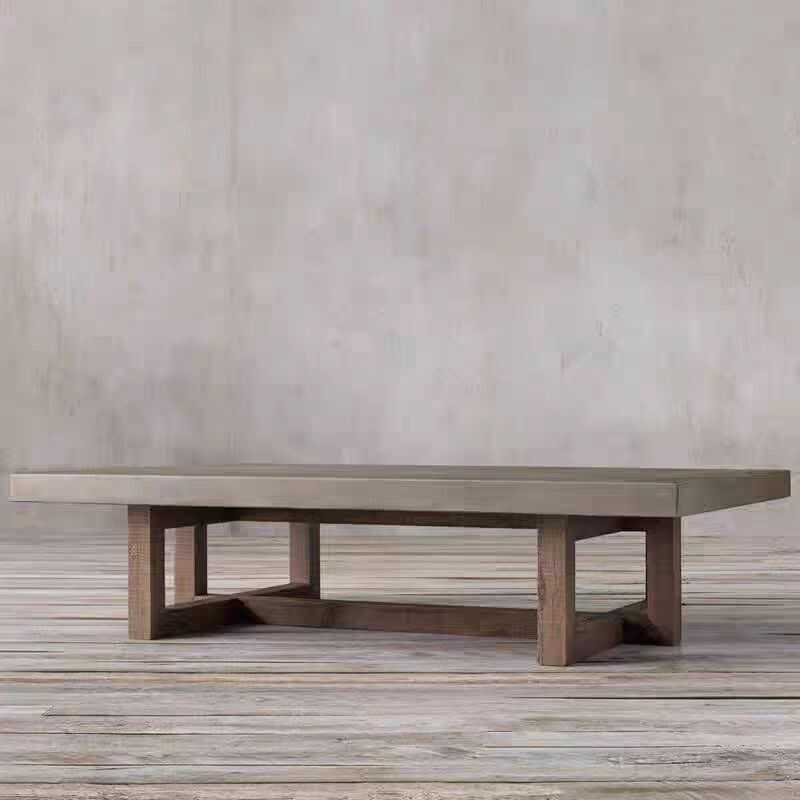 美式乡村实木仿水泥小茶几民宿侘寂风复古做旧长方形设计木质茶桌