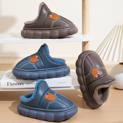 秋冬季儿童棉拖鞋2025新款男童室内防滑皮面防水亲子宝宝拖鞋女童