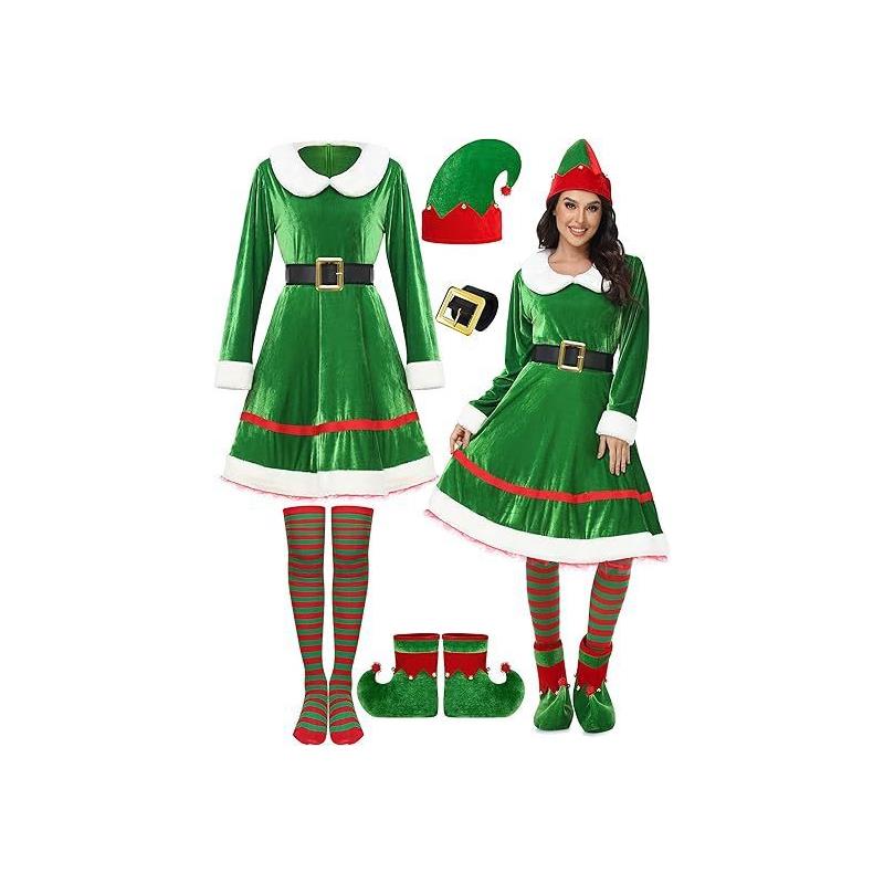 女式圣诞精灵服装套装天鹅绒连衣裙腰带条纹过膝高筒袜精灵帽角色