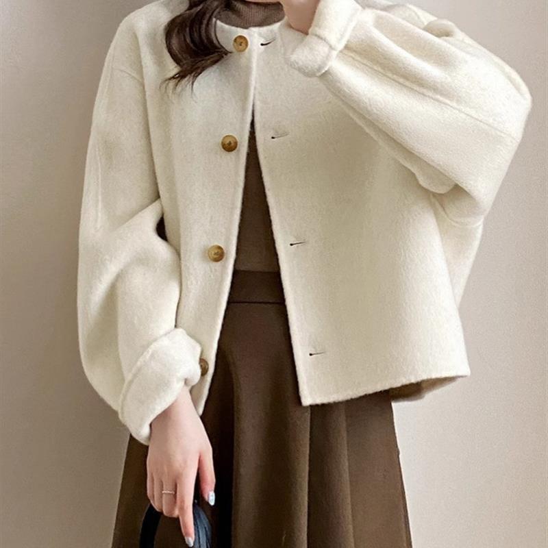 新款双面羊毛大衣短款小个子大袖子廓版加厚羊绒双面长毛保暖外套