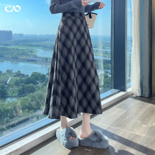 毛呢格子裙女秋冬新款 气质半身裙 灰复古格纹半身裙高腰A字中长款