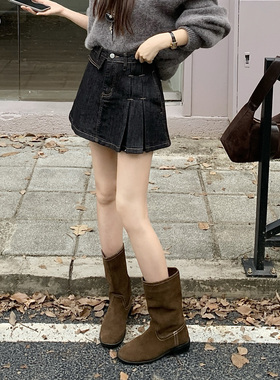 百褶牛仔短裙女2025秋冬新款黑金色高腰显瘦防走光弹力A字半身裙