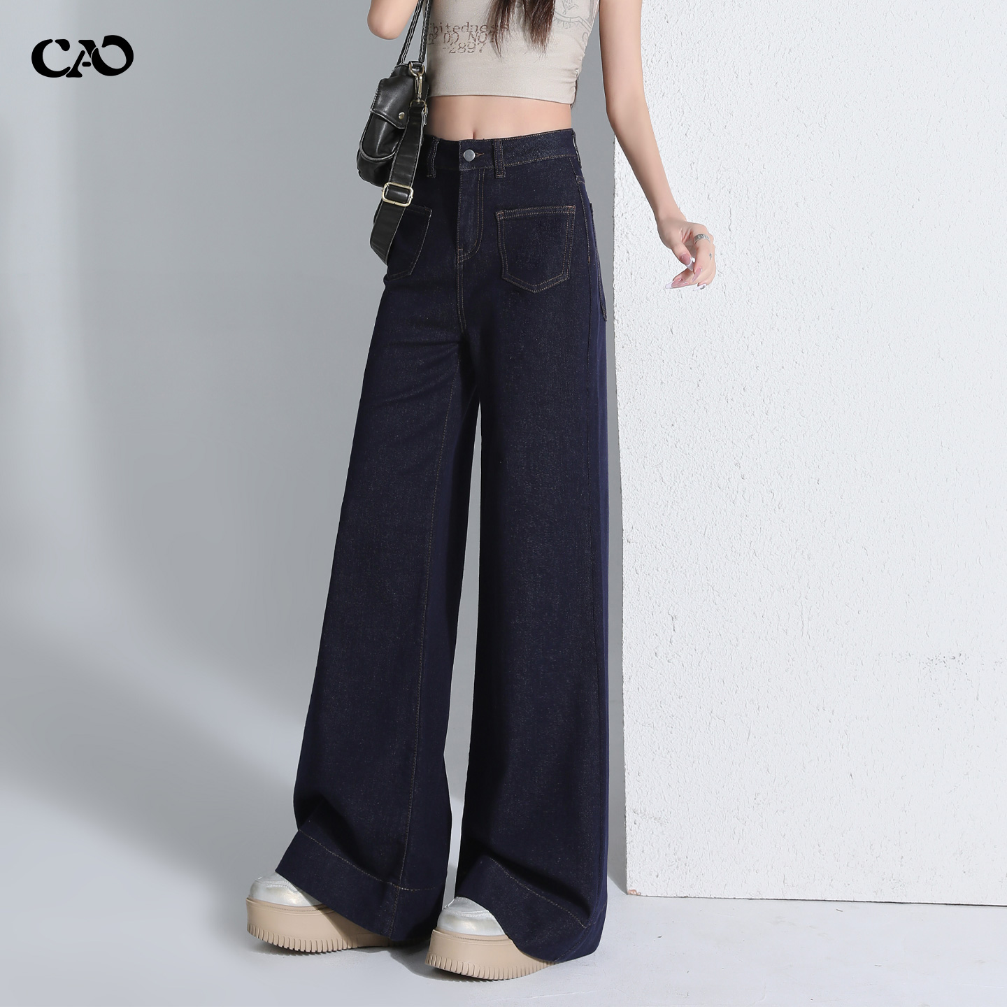 阔腿微喇牛仔裤女深蓝不贴腿宽松
