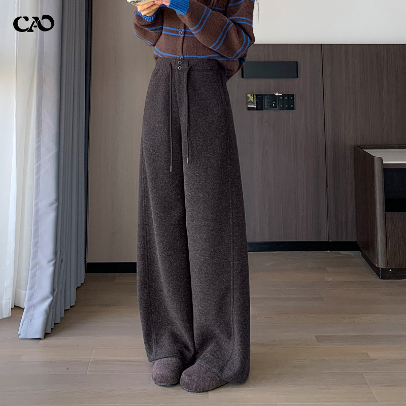 毛呢弯刀裤女咖色秋冬款镰刀高腰