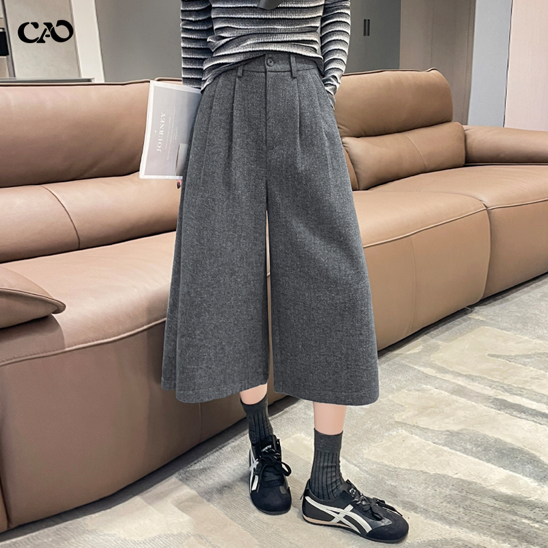 七分毛呢阔腿裤女深灰色秋冬新款