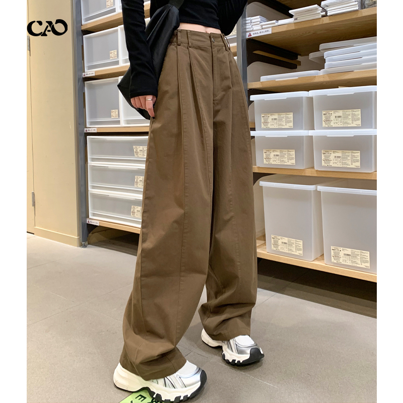 工装裤高腰宽松显瘦褶皱老钱风