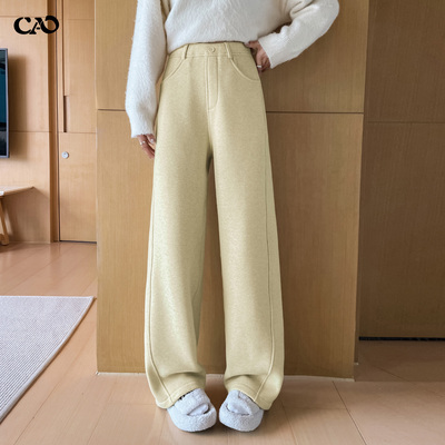 毛呢阔腿裤女米黄色秋冬新款高腰