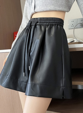 皮短裤女A字五分秋冬款黑色PU皮松紧高腰抽绳高级感酷飒风靴裤