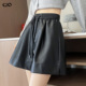 黑色PU皮松紧高腰抽绳高级感酷飒风靴裤 皮短裤 女A字五分秋冬款