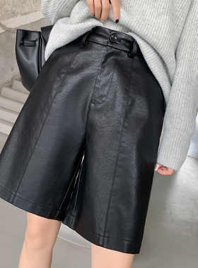 PU皮短裤女2025秋冬款黑色高腰显瘦a字阔腿宽松直筒休闲五分中裤