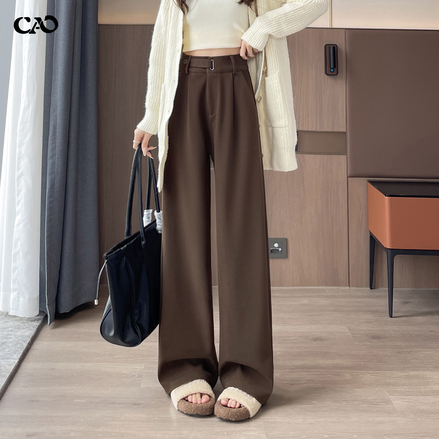 毛呢阔腿裤女咖色秋冬新款加绒