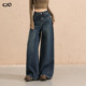 复古蓝高腰宽松显瘦遮肉松弛感做旧直筒裤 阔腿牛仔裤 女春秋冬美式