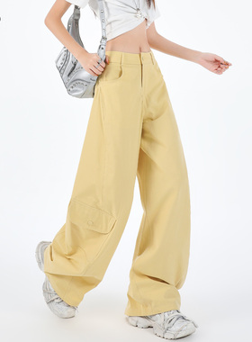 弯刀工装裤女春秋黄色全棉美式辣妹酷飒风宽松遮肉显高夏季阔腿裤