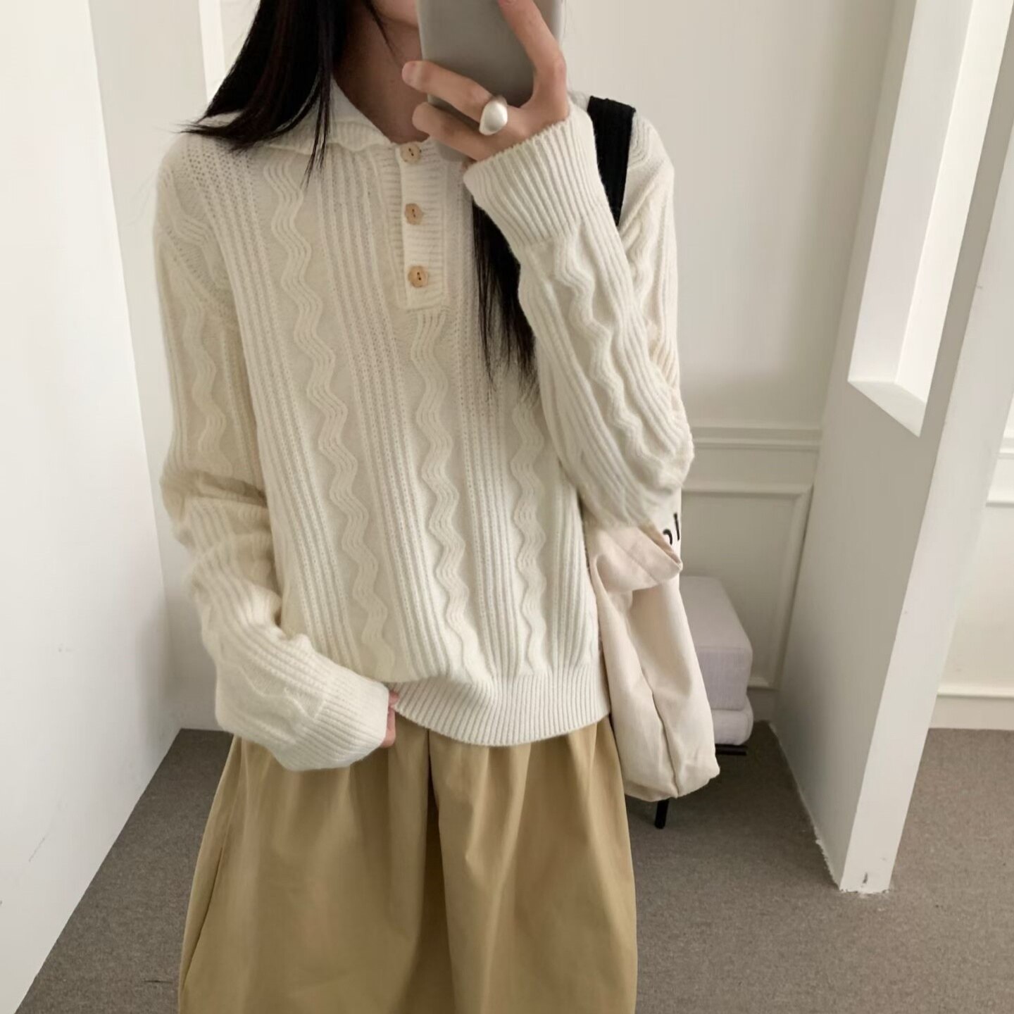 新款2026春秋针织衫纯色麻花内搭上衣POLO领女宽松套头短毛衣外穿