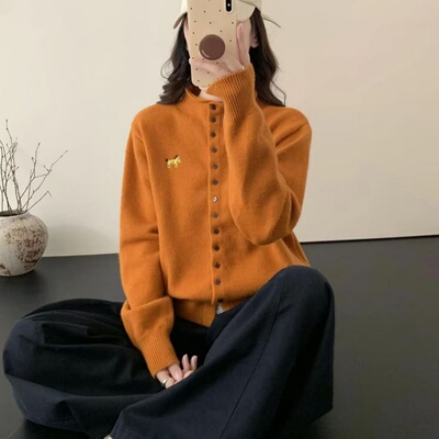 冬新款2025针织衫纽扣纯色内搭上衣半高领女宽松开衫加厚短款毛衣