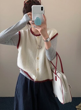 新款春秋圆领纽扣撞色宽松针织马甲叠穿2026短款女装无袖背心外搭